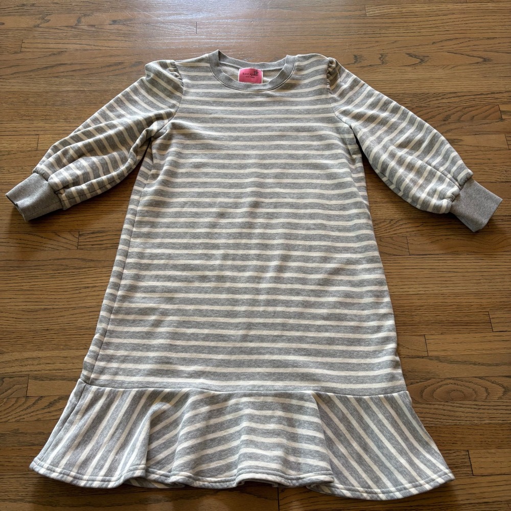 Kate Spade New York Grey White Striped Puff Sleeve Ruffle Hem Dress Small
